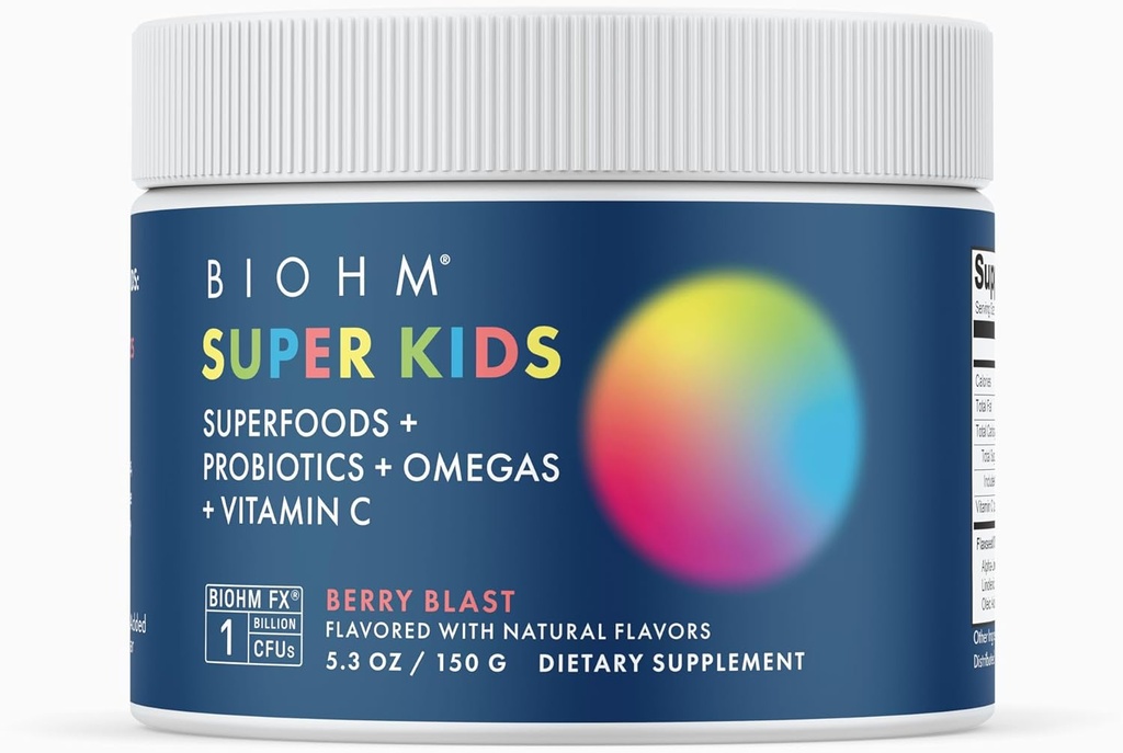 BIOHM Super Kids Superfood Powder Plus Probiotica, (5,3 Oz, 30 Servings) Heerlijke Berry Blast, Antioxidanten, Omega 3 & Vitamine C, Non-GMO, Zuivelvrij, Geen kunstmatige ingrediënten, Vegetarisch, Leeftijd 4+