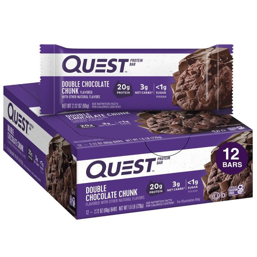 Quest Nutrition Double Chocolate Chunk Protein Bars, 20g Proteïne Bars, 1g Suiker, 4g Net Carb, Glutenvrij, Keto Vriendelijk, 12 Tellen