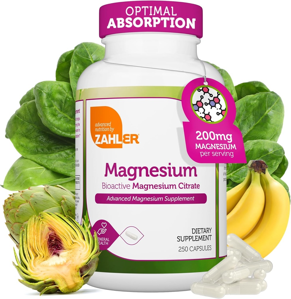 Zahler - Magnesium Supplement Capsules 200 mg (250 Count) Gecertificeerde Kosher Bioactive Magnesium Citrate for Max Absorptie - Natural Magnesium Mineral for Men & Women - Best Magnesium Supplements