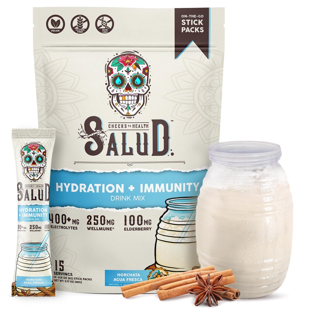 Salud 2-in-1 Hydration Packets + Immunity Electrolytes Powder, Horchata - Agua Fresca Drink Mix, Vlierbes, Dairy & Soy Free, Non-GMO, Gluten Free, Veganist, Low Calorie, 1g Sugar (15 Servers)