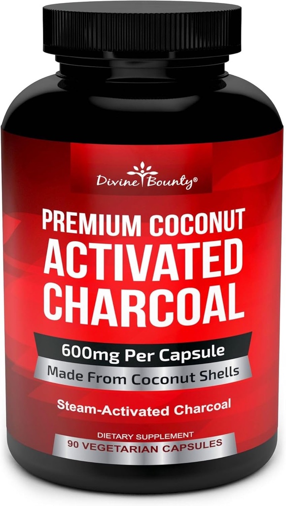 Goddelijke Bounty Biologische Geactiveerde Charcoal Capsules - 600mg Kokoskool Pillen - 90 Veggie Caps