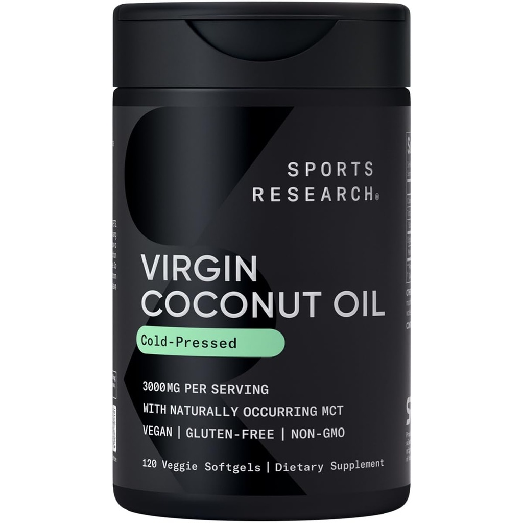 Sports Research® Biologische Kokosolie Capsules 3000MG - Koudgeperst Extra Virgin Coconut Oil met Medium Chain Triglyceriden (MCTs) - Vegan Friendly & Non-GMO Geverifieerd - 120 Softgels