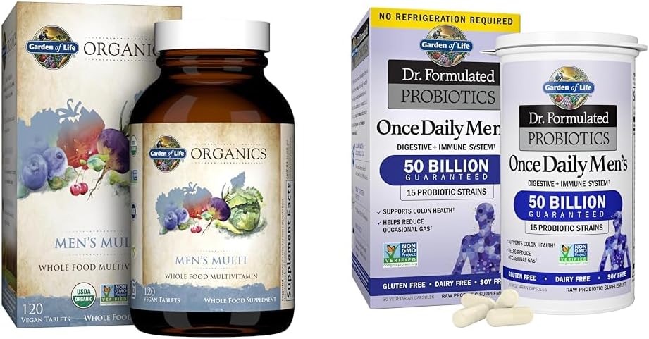 Tuin van het leven Mannen Organisch Gehele Voedsel Multivitamine en Probiotica Digestieve & Immune Health Supplement 120 Tablets 30 Capsules