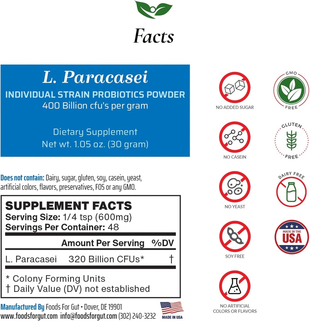 Lactobacillus Paracasei Probiotic Powder 400 Billion cfu's Made in USA 