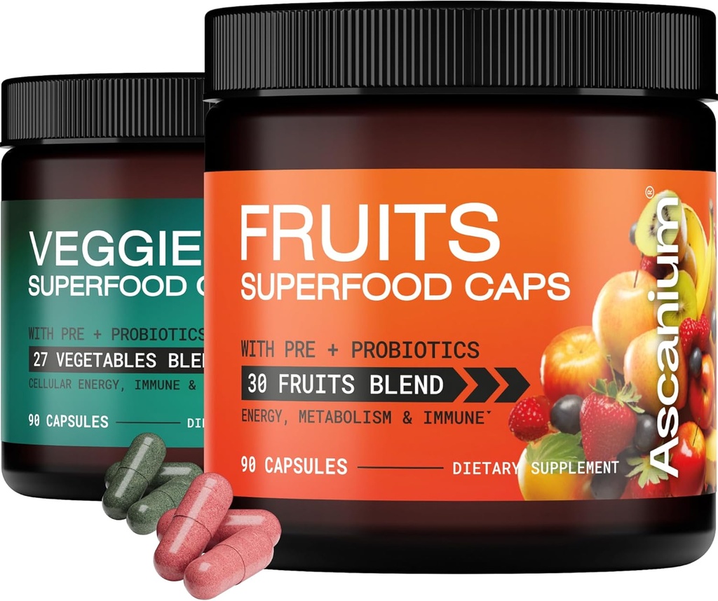 Supplément aux fruits et légumes - 57+ Supplément complet de fruits et légumes pour adultes et enfants - Capsules de fruits et légumes pour équilibre énergétique, digestion, immunologie - 180 Compte