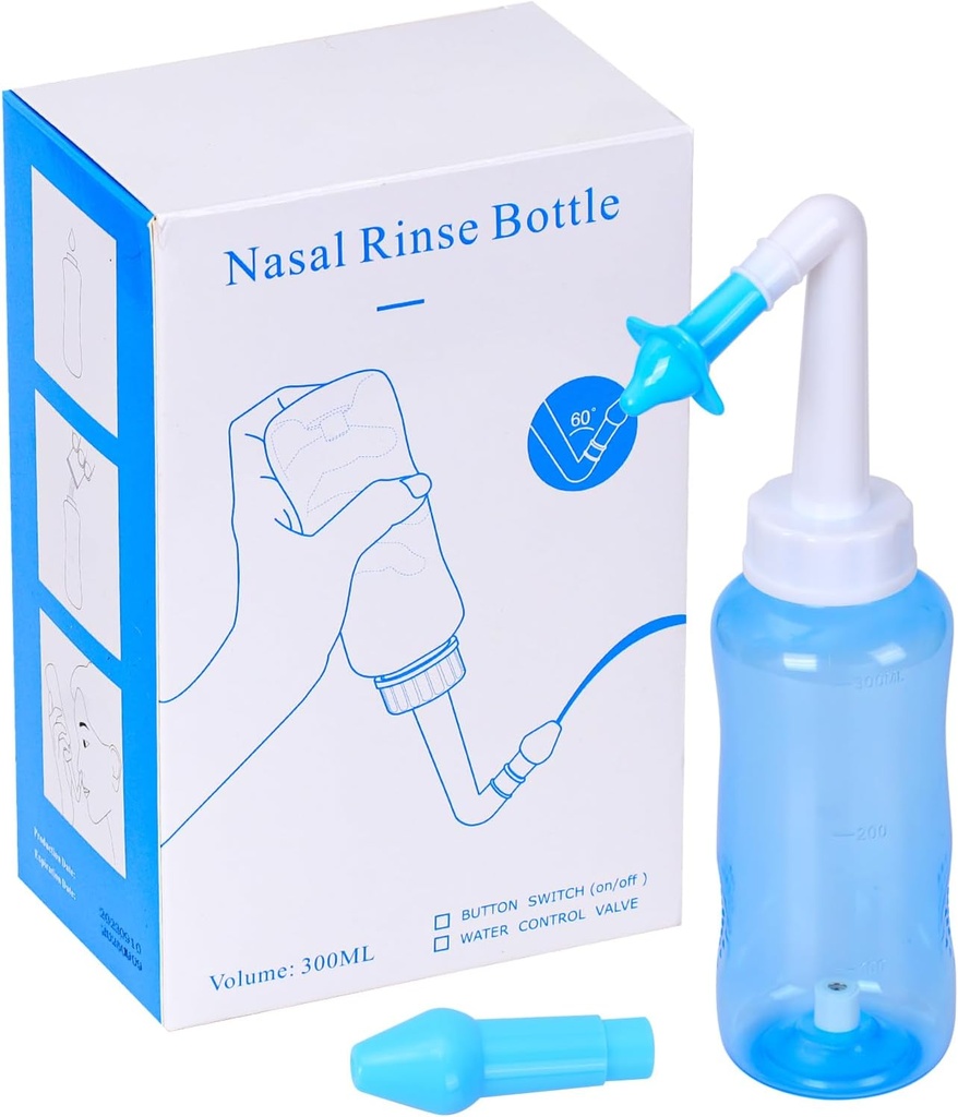 Neti Pot Sinus Rinse Pression de la bouteille Laver l'irrigation nasale Kit de rinçage Sinus Nettoyeur du nez de la bouteille pour adultes et enfants BPA Sans (300ML, Bleu)