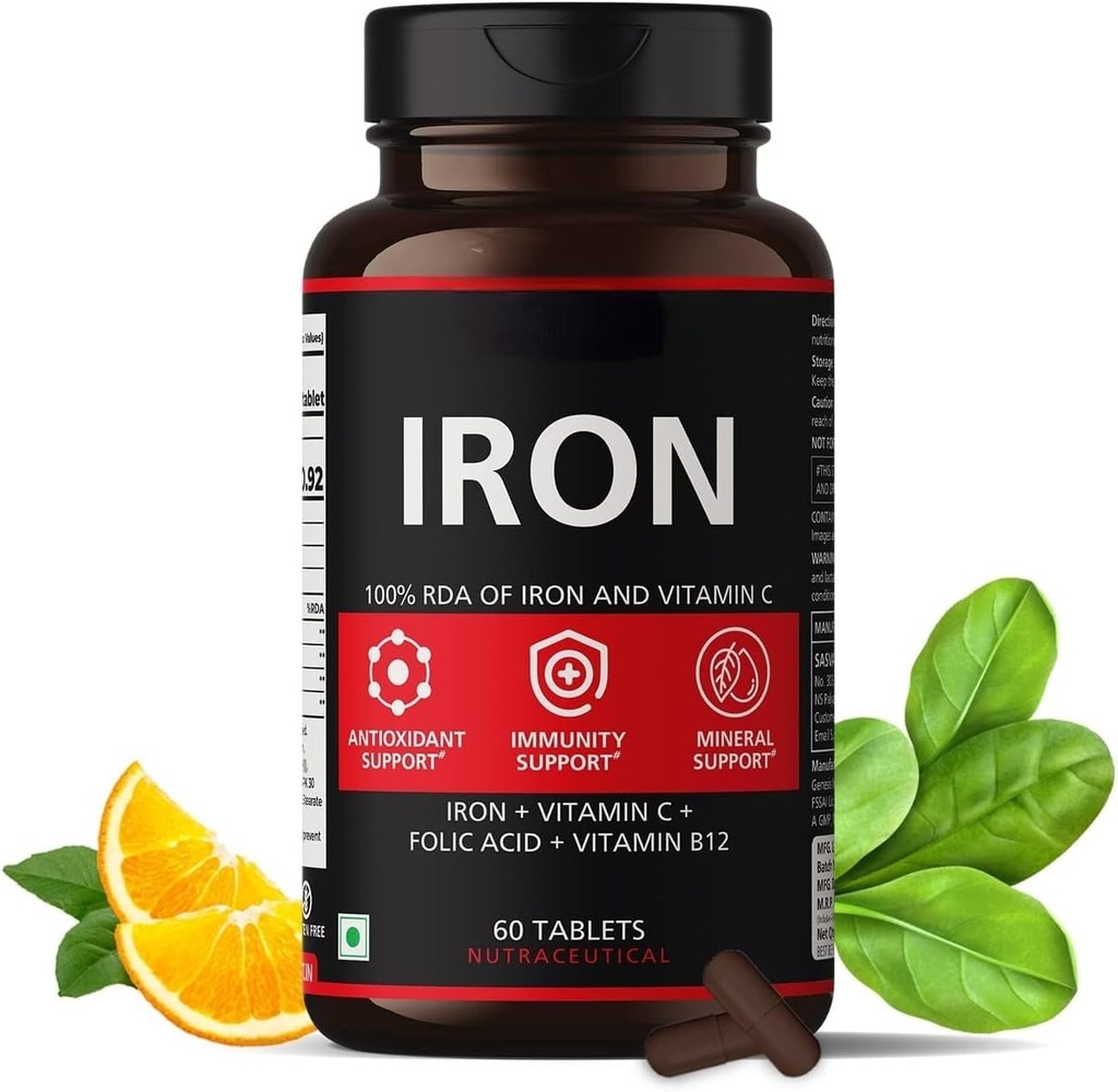 IJzersupplement voor vrouwen en mannen met vitamine C, foliumzuur en vitamine B12 - ijzertabletten Help Support Energy - 60 Veg tabletten
