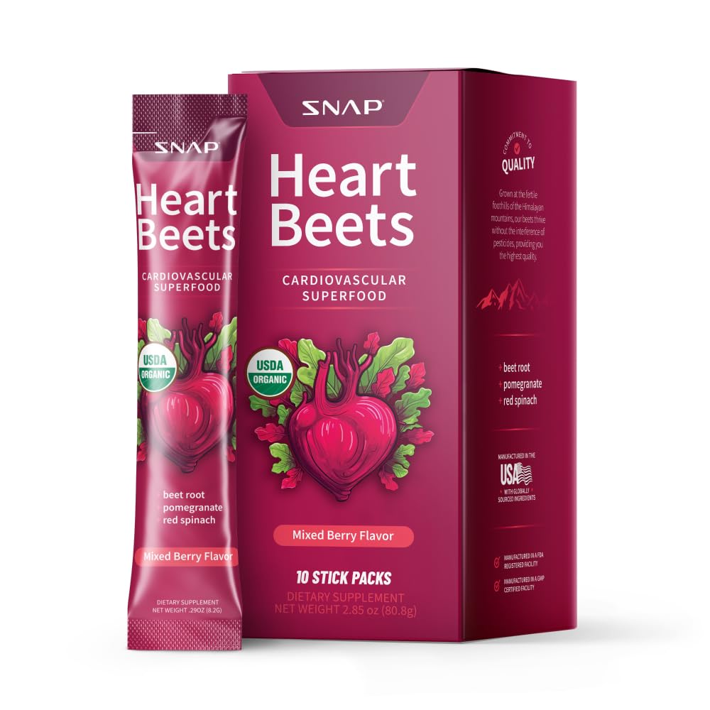 Snap Supplementen Heart Beet Stick Packs, Biologische Beetwortelpoeder Drinkmix, Cardiovasculaire ondersteuning voor mannen & vrouwen, bieten, Granaatappel en rode