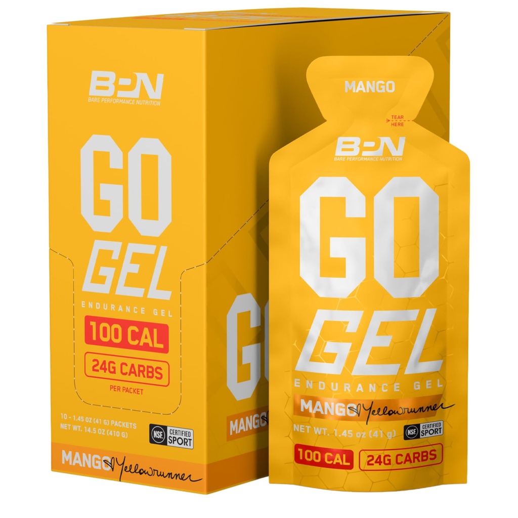 BARE PERFORMANCE NUTRITION, BPN Go Gel Endurance, 24g Koolhydraten & 100 Calorieën per verpakking, Veganistisch + Glutenvrije loopgel, 10 enkele servende verpakkingen, Mango