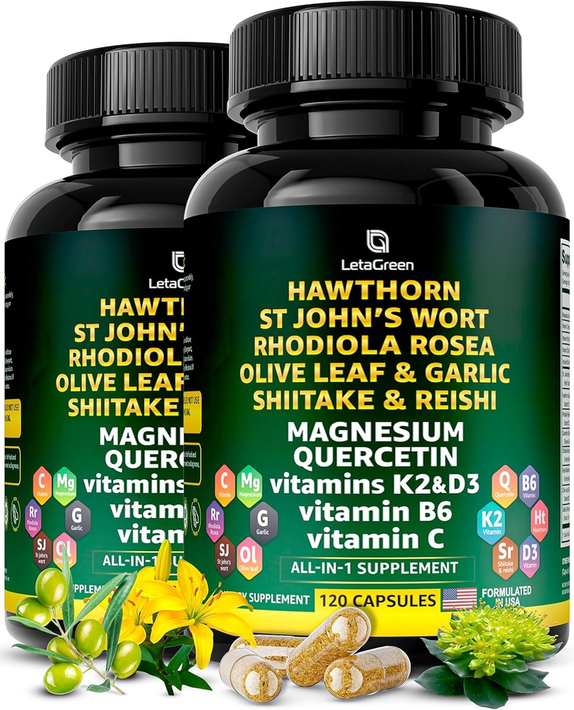 Biologische Hawthorn Berry Capsules - Hawthorn Berry met St Johns Wort Rhodiola Rosea Olive Leaf Shiitake Reishi Mushroom Quercetin & Vitamin C, D3, K2, B6 & Magnesium (240 Tel.)