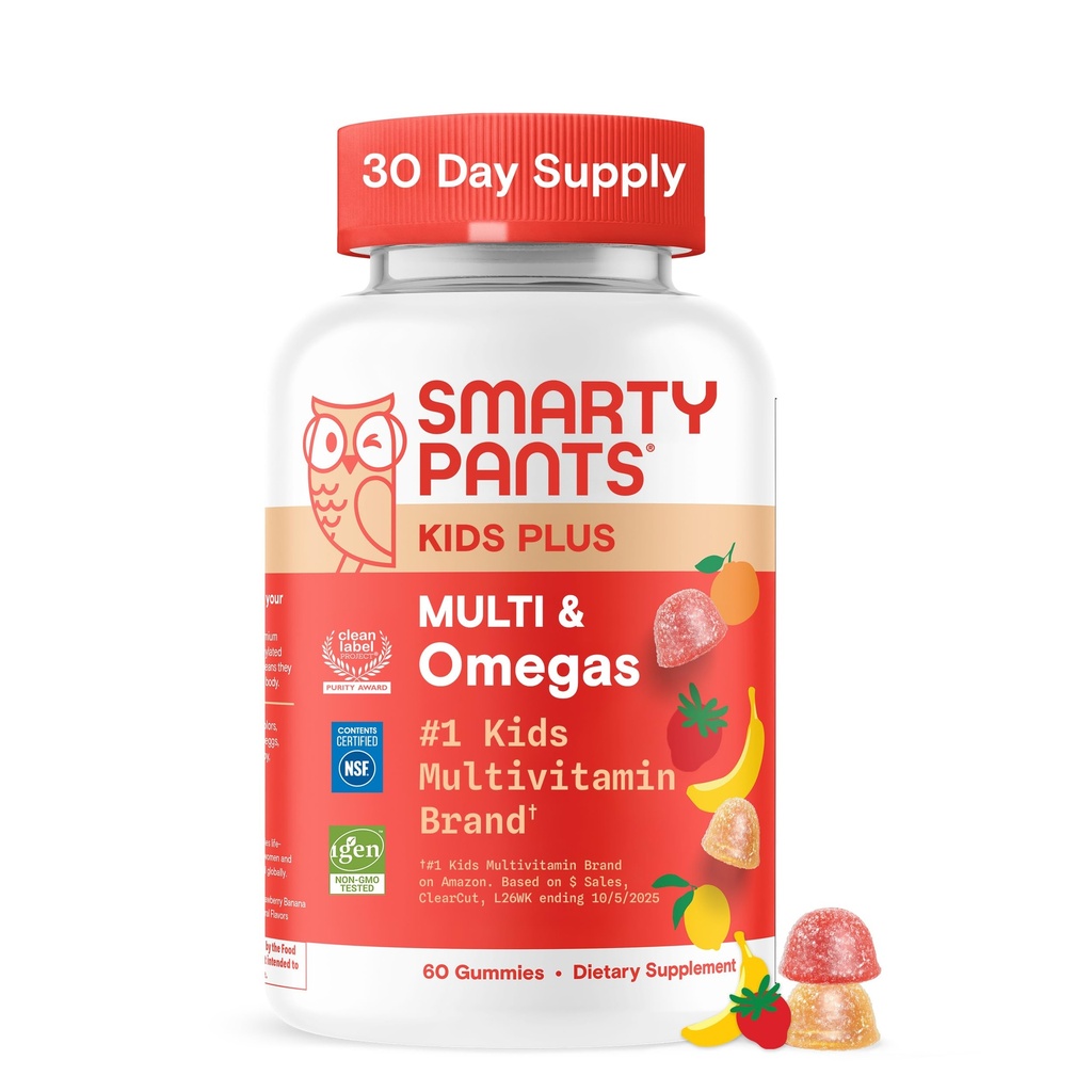SmartyPants Gummies multivitamine pour enfants - Formule améliorée : Oméga 3 (DHA/EPA), Vitamines D3, C, B12, B6, Vitamine A, K et zinc, sans gluten, trois arômes de fruits, 60 comtes (30 jours)