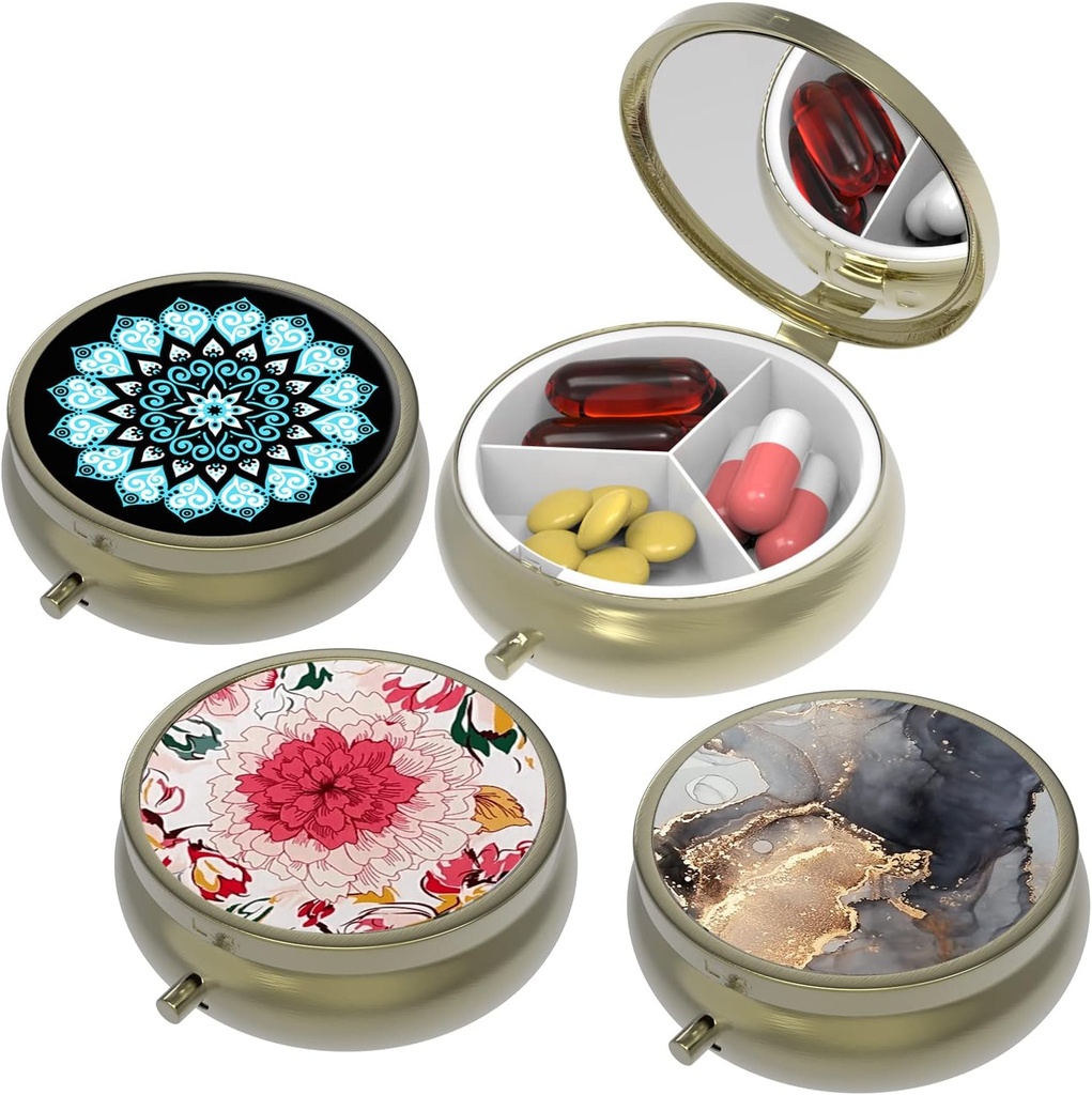 Small Pill Box,Pill Case voor Purse&Pocket,3 Compartments Travel Pill Case Medication Organizer Opslag voor Vitaminen, Pillen, Visolie en oorbellen, Studs, Bronze-3Round