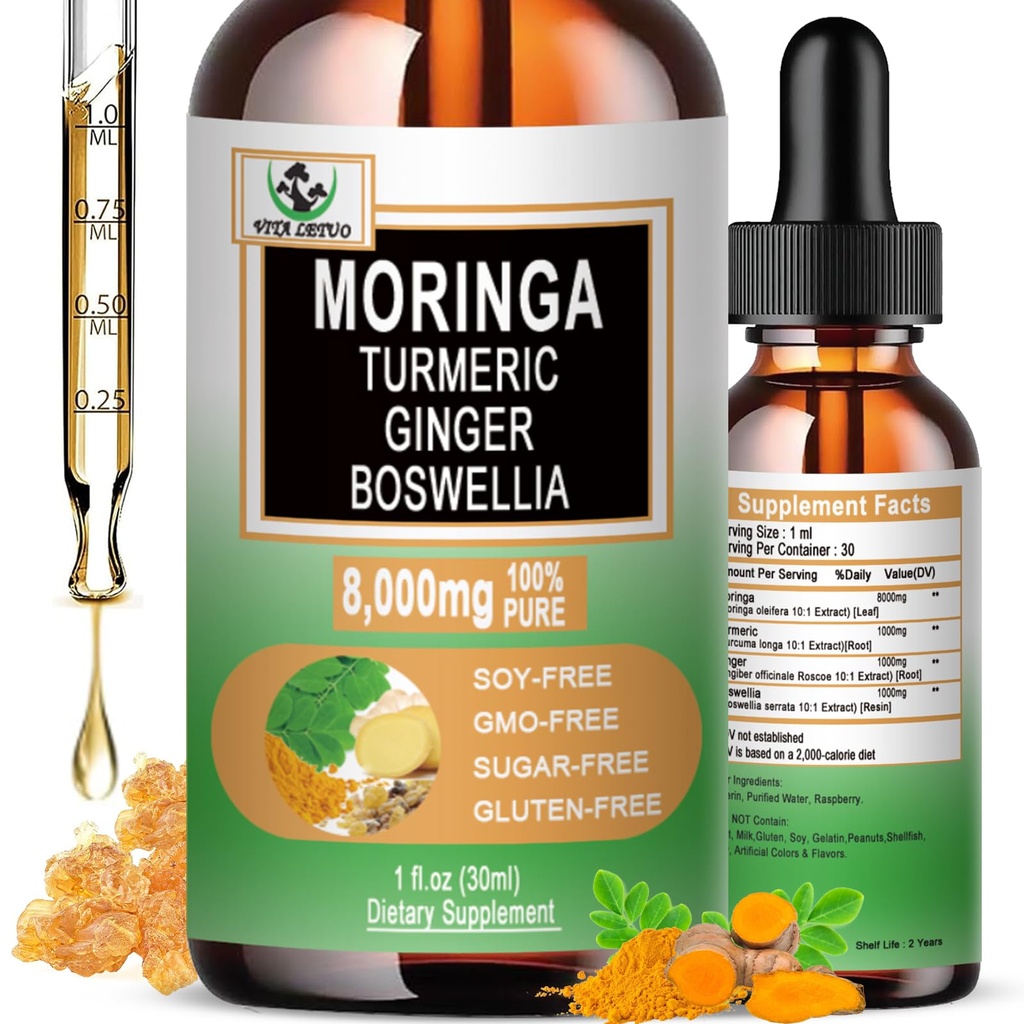 Moringa Drops - Organic Moringa Leaf Extract Liquid with Turmeric Gember Boswellia for Energy, Skin Health, Gut Health - High Absorptie Green Superfood w/Essential Vitamines & Aminozuren