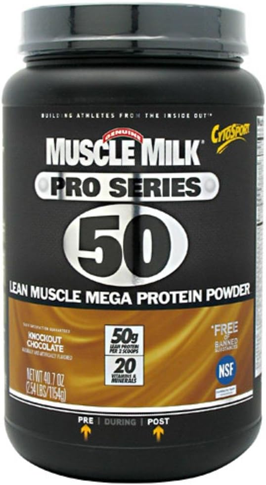 Supplément de poudre de protéines Muscle Milk Pro Series, chocolat knockout, 2,54 livres, 14 portions, 50g de protéines, 3g de sucre, 20 vitamines et minéraux, NSF certifié pour le sport, emballage mai Varier