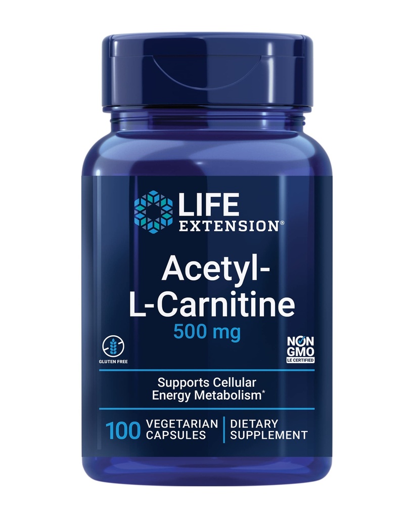 Extension de vie acétyl-L-Carnitine, acétyl-L-Carnitine, Vitamine C, Cerveau, Mood & Nerve Health, Énergie cellulaire, Approvisionnement de 3 mois, Sans gluten, Sans OGM, Végétarien, 100 capsules