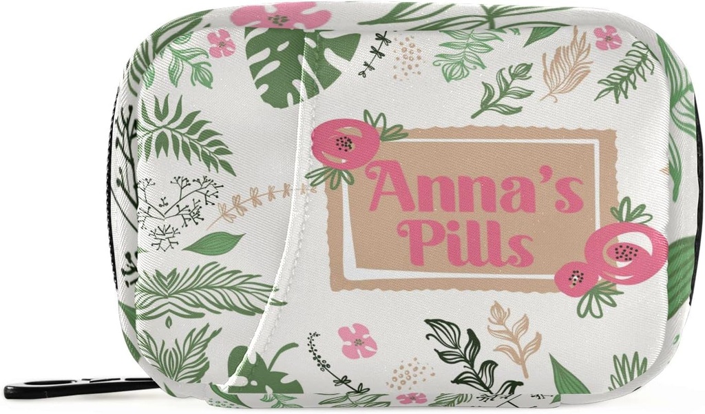 Aangepaste pil Box 7 Dag pil Case Bag Bladeren Bloemen Gepersonaliseerde Naam Reis pil Organizer Bag met rits draagbare week Case Compacte grootte voor vitamine supplement houder