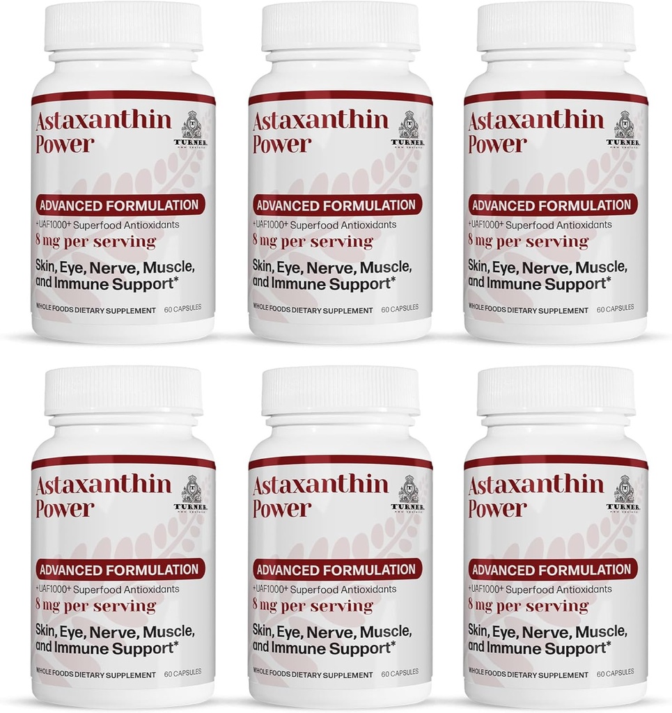 TURNER Nouvelle-Zélande Astaxanthin Puissance avec UAF1000+, Anti-Age, Peau, Oeil, Nerve, Récupération musculaire, Supplément antioxydant de soutien immunitaire, 12mg Astaxanthin, 180 portions, 6 bouteilles