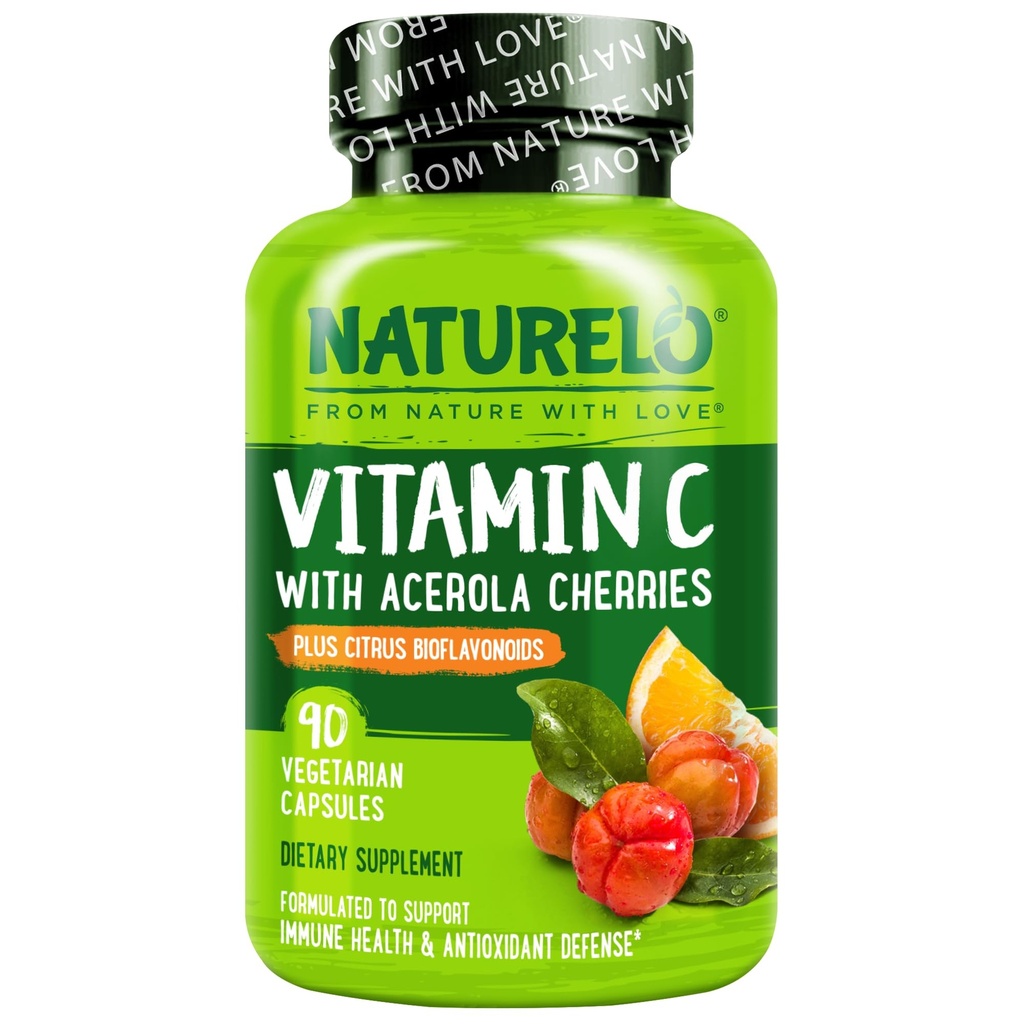 NATURELO Vitamine C met biologisch Acerola Cherry Extract en Citrus Bioflavonoïden - Vegan Supplement - Immune Support - 500 mg VIT C per Cap - Non-GMO - 90 Capsules