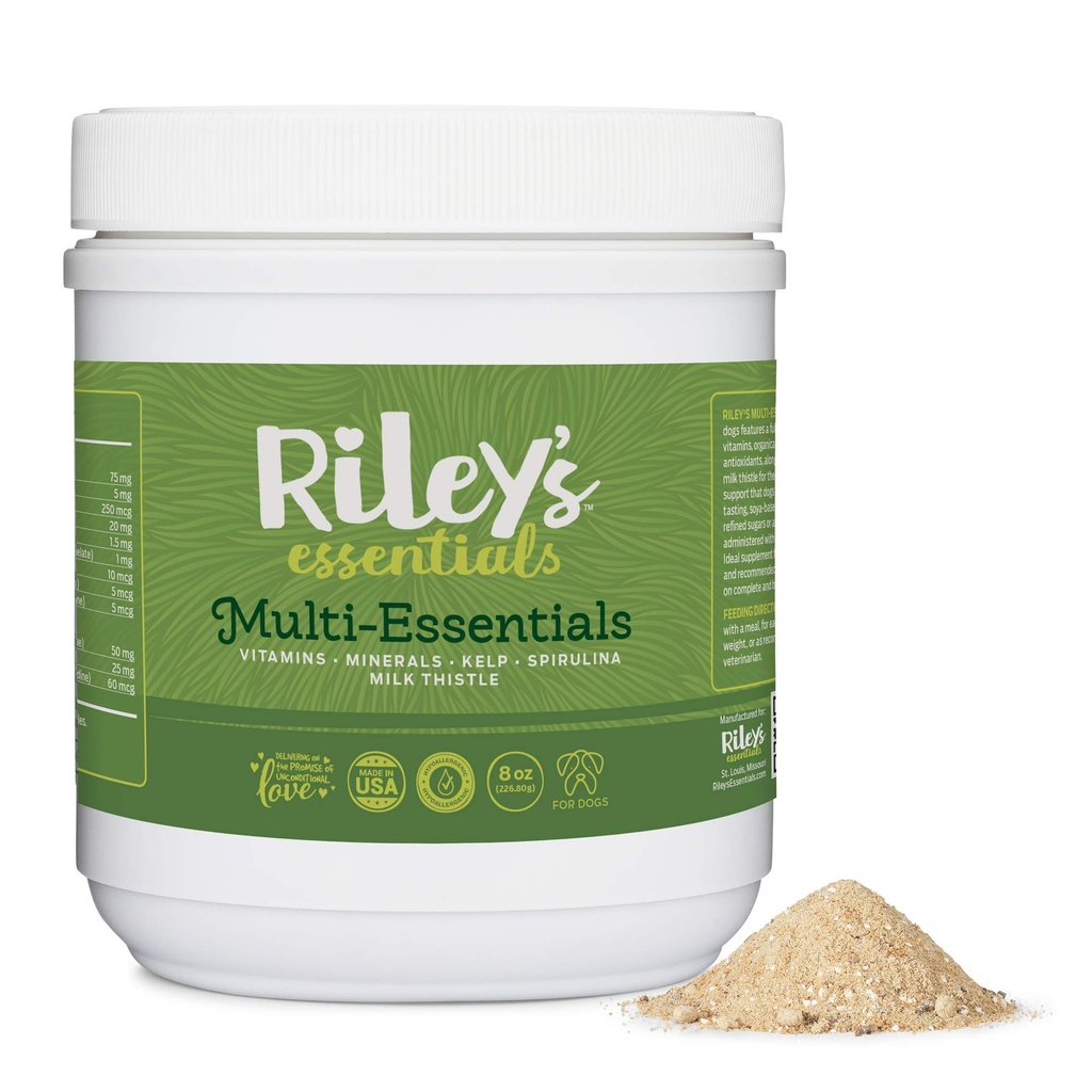 Riley's Multi-Essentials Multivitamine voor honden - Vitaminen, Mineralen, Spirulina, Kelp, en Melkdistel voor voedingsondersteuning - Puppy en Senior Honden Vitaminen - 8oz Poeder