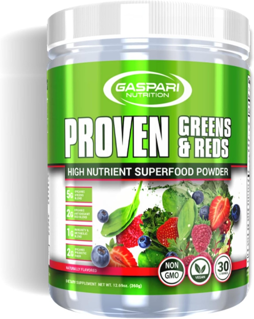 Gaspari Nutrition Greens and Reds: Organic Superfood Powder, Immune Support, Probiotics and Fiber, Vegan and Non-GMO (30 Servers, Natural Fruity)
