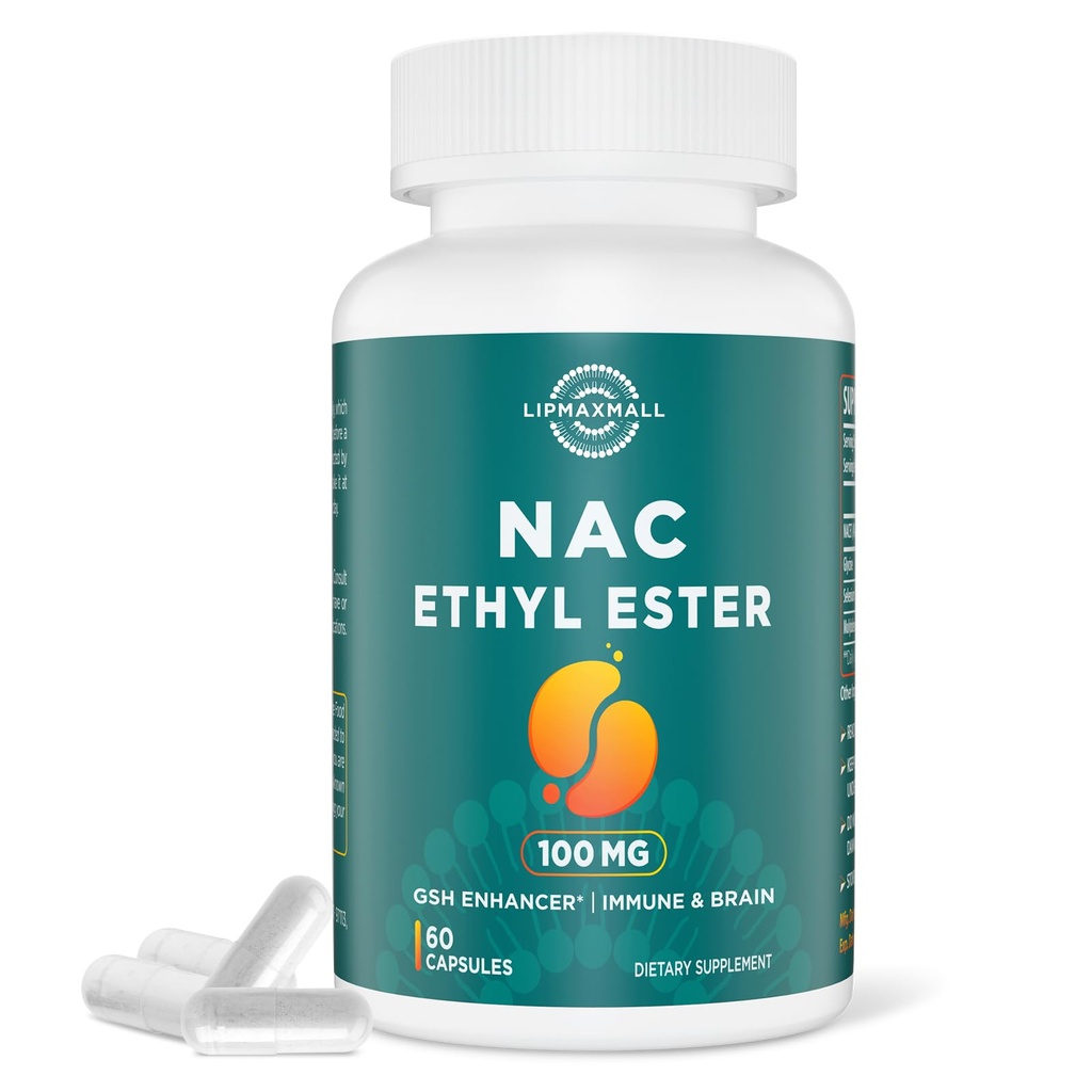 lipmaxmall N-acétyl Cysteine Ethyl Ester 100mg-Plus Absorption que 1000mg NAC-avec Glycine 600mg-Bénéfice Glutathion-Bien pour système immunitaire et antioxydant pour les adultes,NACET(60 Capsules-1 Pack)