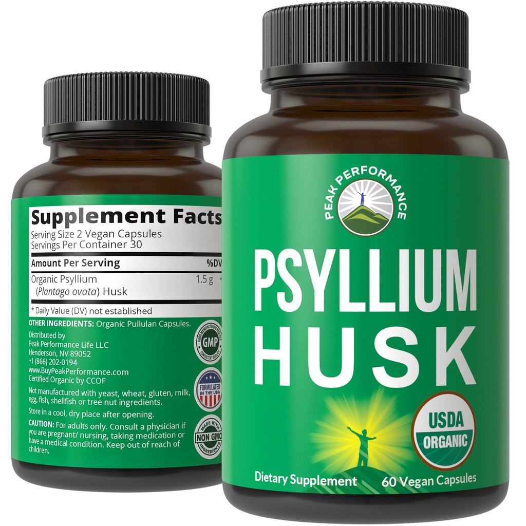 USDA Organic Psyllium Husk Vegan Capsules Made with Organic Psyllium Husk Seed. Fiber Supplement for Gut. Digestieve Prebiotica. Pillen voor Digestie, Roughage Zonder Bloating. Tabletten
