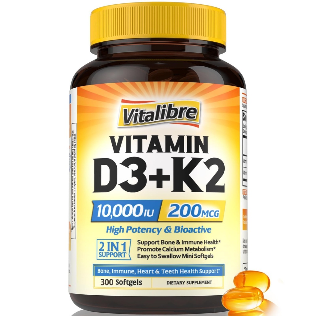 Vitamine D3 K2 Supplement, 10000 IE D3 / 200 mcg K2 MK7, Calcium Absorptie, Bot, Hart, Immuun & Mood Ondersteuning, Verhoogde Absorptie, Geen soja, Gemakkelijk doorslikken, 300 Softgels
