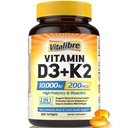 Vitamine D3 K2 Supplement, 10000 IE D3 / 200 mcg K2 MK7, Calcium Absorptie, Bot, Hart, Immuun & Mood Ondersteuning, Verhoogde Absorptie, Geen soja, Gemakkelijk doorslikken, 300 Softgels