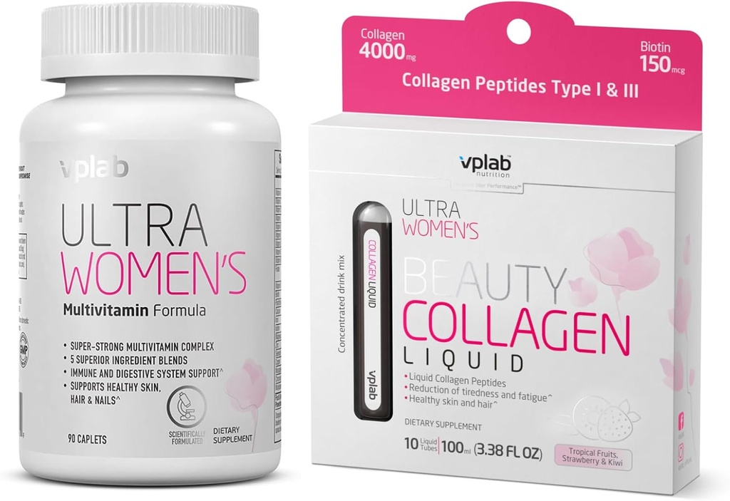 VPLab Ensemble de beauté pour femmes - Caplets multivitamines et collagène liquide pour cheveux, peau, ongles - Biotine, fer, vitamine B, D, C et zinc - Essential Daily Health Support, 90 Caplets + 10 Tubes