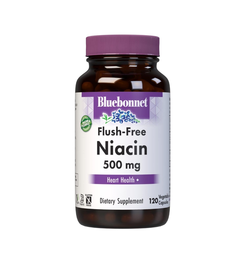 BlueBonnet Nutrition Flush-Free Niacin 500mg, voor voedings-Cardiovasculaire ondersteuning Plantaardige Capsules, Soja/Dairy/Gluten Free, Non-GMO, Kosher Certified, Vegan, White, 120 Tellen