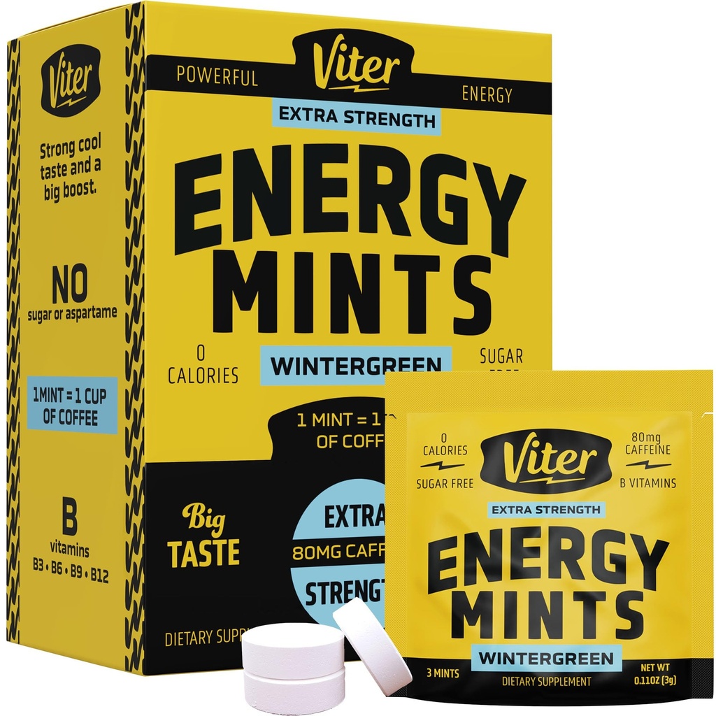 Viter Energie Cafeïne Mints 80mg Extra sterkte - 90 stuks Gecafeineerd met B Vitaminen. Suikervrije Vegan ademmunt. Activeer Nootrope Focus Booster voor snelle alertheid (Wintergroene smaak, 30 Pack)