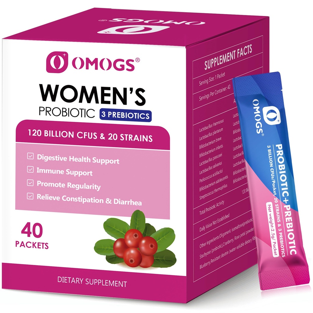 OMOGS Probiotique pour femmes, 120-Billion-UCF, 18 souches, avec 3 prébiotiques et extrait de canneberge, aide pour le booster immunitaire, la santé digestive, la santé gustative et la santé vaginale