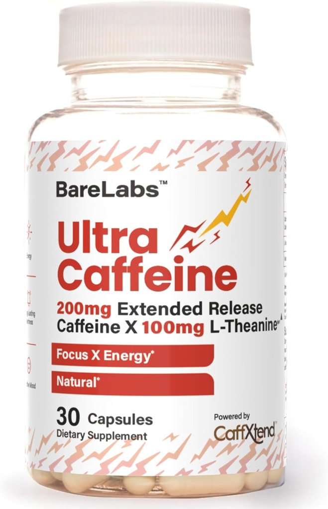 Pilules ultra-caféines + 200 mg à libération prolongée + L-Theanine pour énergie et focus + Pas de jitters, pas de crash + supplément de caféine naturelle - 30 capsules