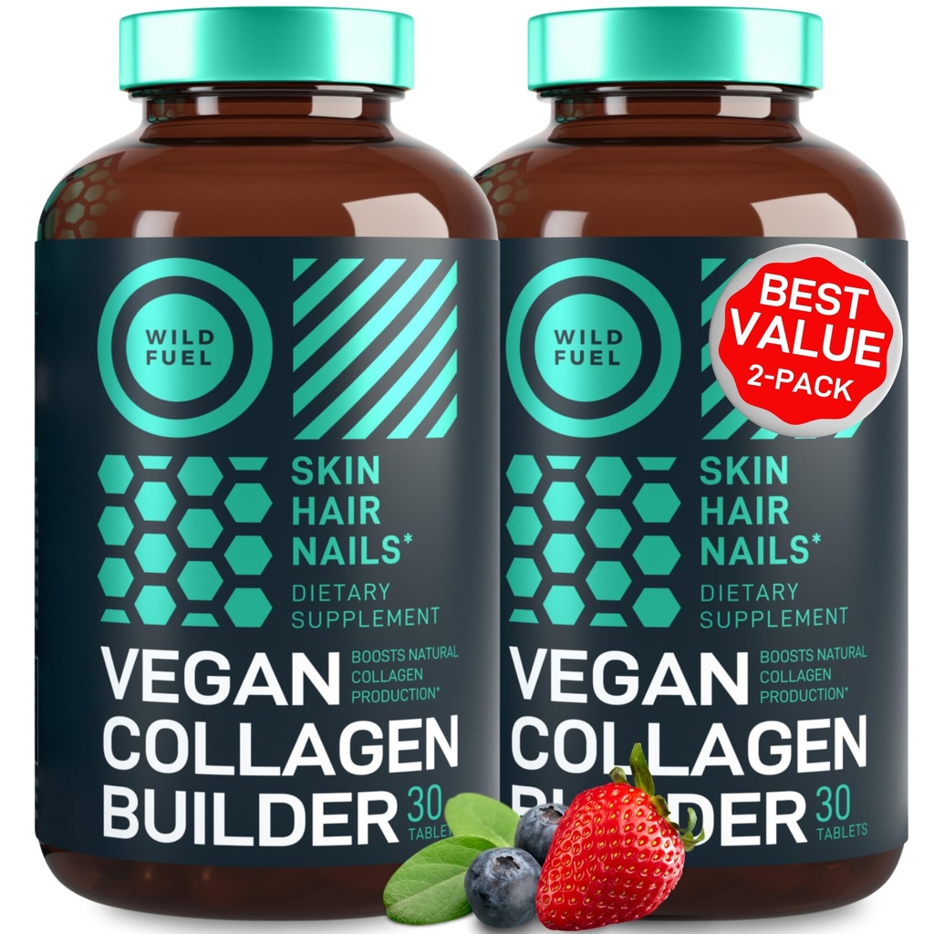 Comprimés de rappel de collagène végétalien - Suppléments de collagène végétalien sans cruauté - Biotine, Superalimentaire biologique, Vitamines de collagène végétale pour la peau, les cheveux, les ongles - 2-pack, 60 pilules de collagène végétalien