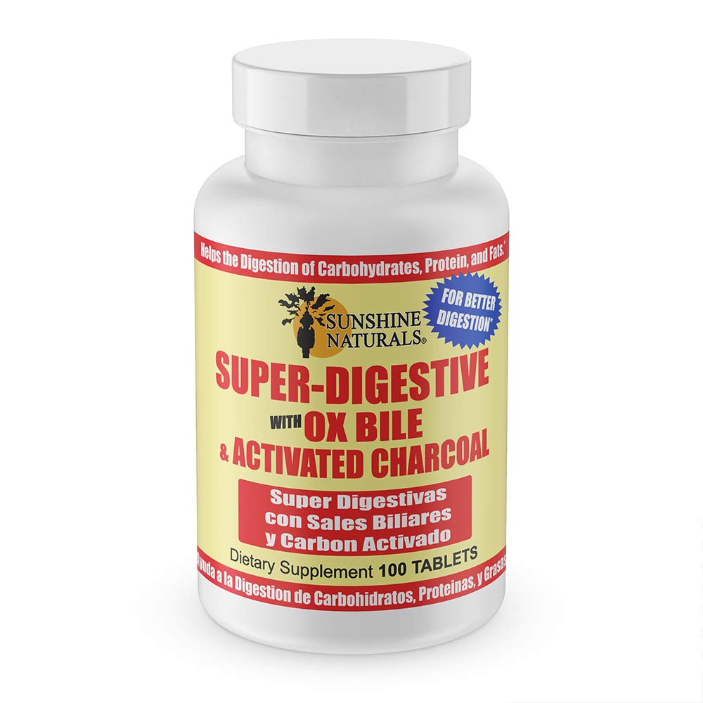 Sunshine Naturals Super spijsverteringssupplement. Ox Bile & Geactiveerde Charcoal voor Digestive Support, Bloating Relief, Gut Cleanse, Nutriënt Absorptie, en bevordert de algehele welzijn. 100 tabletten.