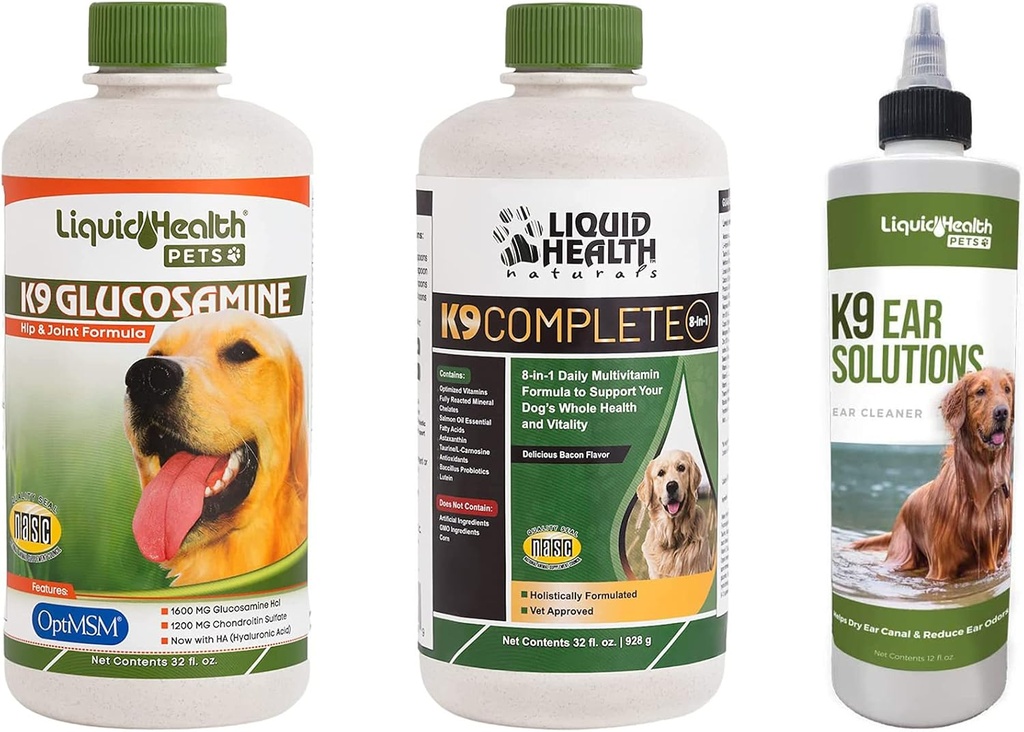 LIQUIDEHEALTH Huisdieren K9 Glucosamine Hip & Joint Formula, K9 oorwas Reinigingsoplossing, & K9 Complete 8-in-1 Honden Multivitamine - Pet Vitamine Bundle for Joint Health, Mobility, Immune Support - Made in USA