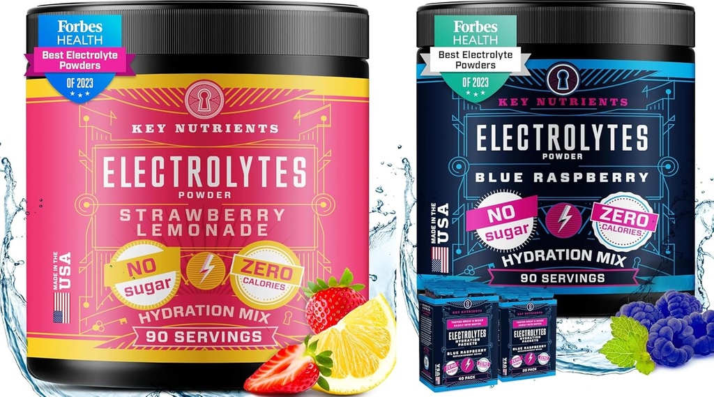 CLÉS NUTRIENTS Poudre d'électrolytes Ultimate Hydratation & Wellness Bundle - Citronade de fraise juteuse et poudres d'électrolyte de framboise bleue douce - Zéro sucre, Céto-Ami, 90 portions