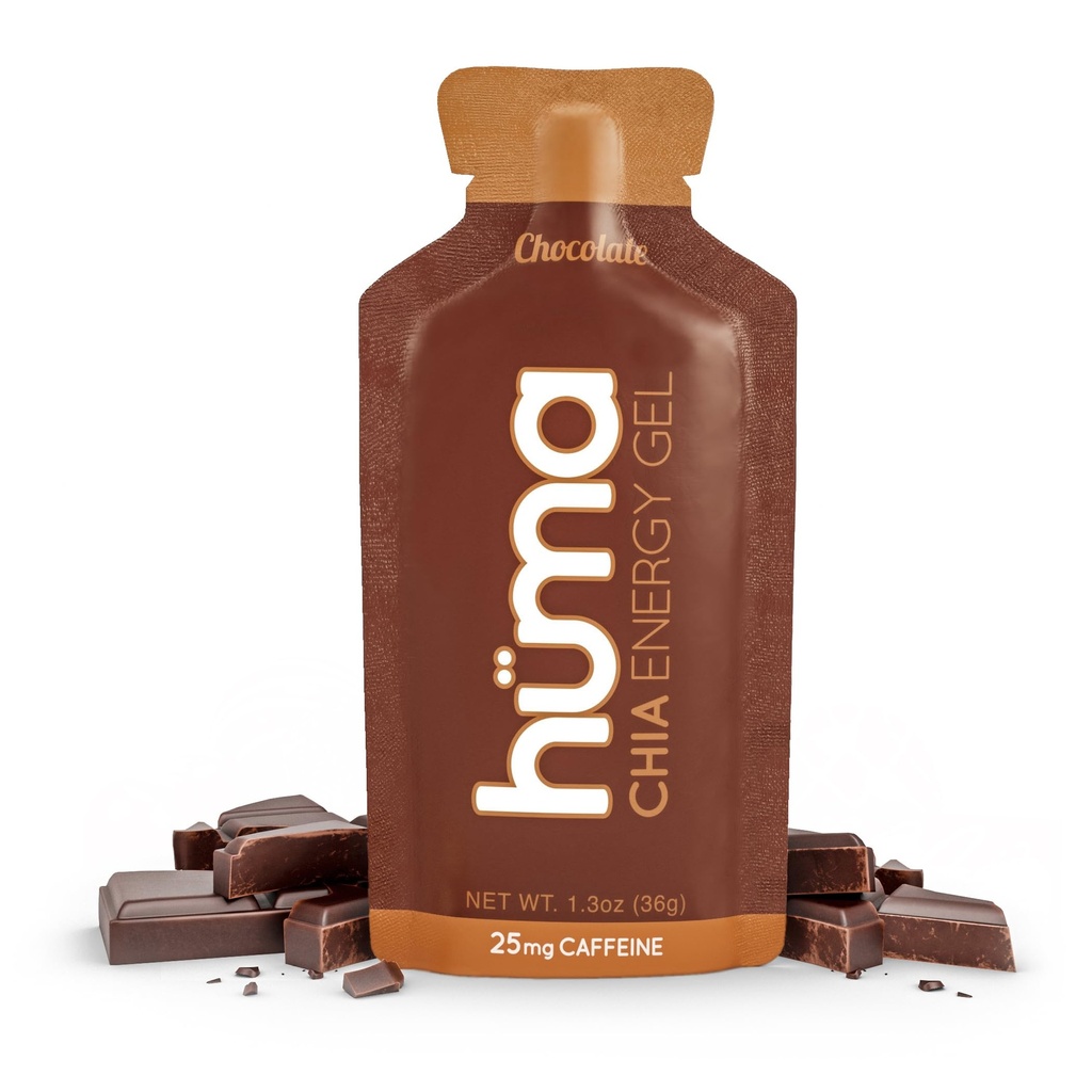 Huma Chia Gel d'énergie, chocolat, 12 gels, 25 mg de caféine - Première nutrition sportive pour l'exercice d'endurance