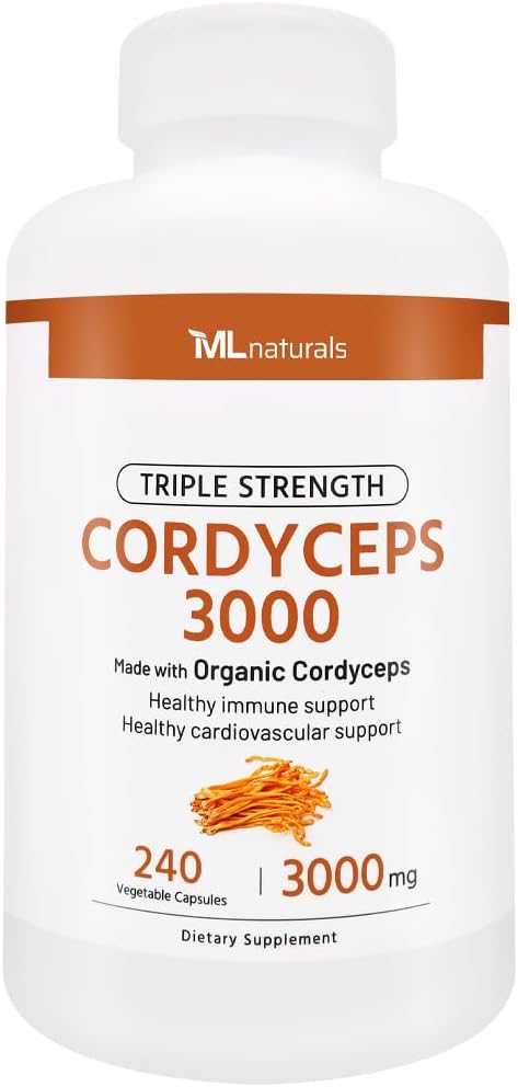 ML Naturals Triple Strength Cordyceps 3000 Gemaakt met Biologische Cordyceps, 240 Plantaardige Capsules. Gezonde immuunondersteuning, niet-GMO, NSF-gecertificeerd en cGMP-compliant derde-partijlab getest.