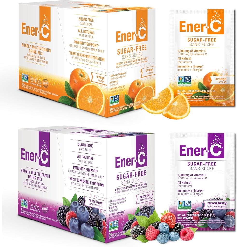 Ener-C Suikervrije Multivitamine Drinkmix - Vitamine Poeder voor Water, Elektrolyten Poeder Geen Suiker, Hydratatie Boost Packets, Zero Sugar, Vitamine C & B12 Supplement Liquid Mix - Oranje & Berry, 60 Tel.