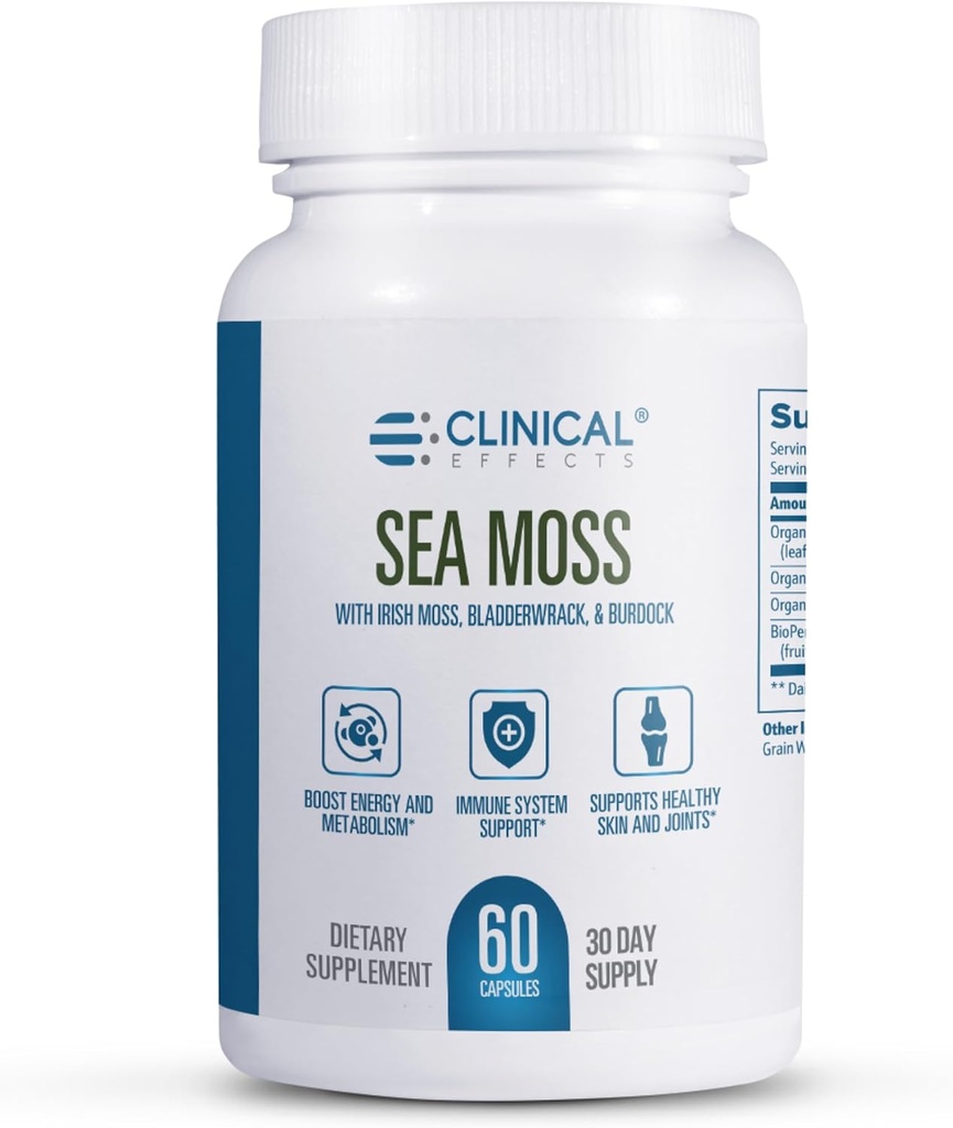 Klinische effecten Sea Moss - Organic Irish Sea Moss Capsules with Bladderwrack, Burdock Root and Bioperine for Thyroid, Heart Health, Weight Management and Energy Support - 60ct - Made in The USA