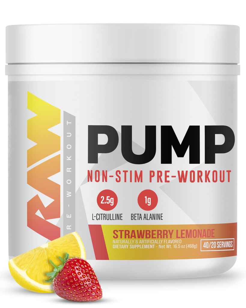 RAW Pump Stim Free Pre Workout (Lémonade de Strawberry) - Supplément de pré-entraînement non stimulant poudre Booster d'oxyde nitrique - Suppléments de pré-entraînement Boissons pour pendant l'entraînement - 40 portions