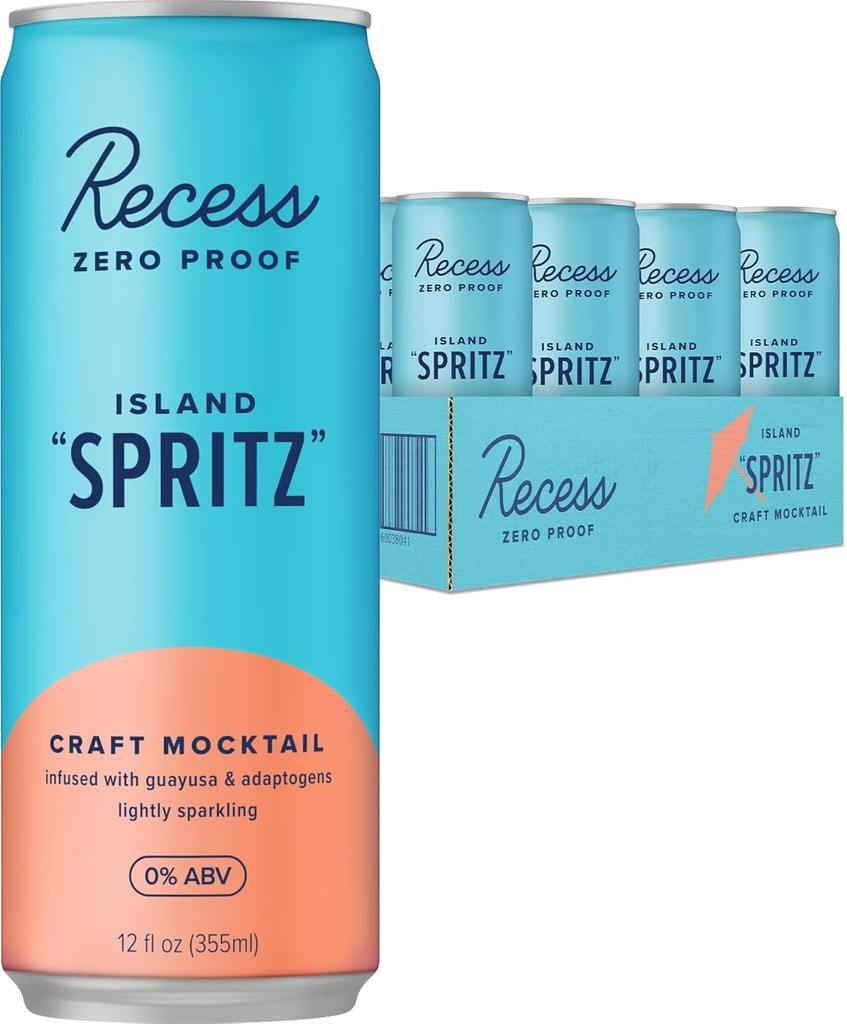 Recess Zero Proof Craft Mocktails, Alcohol Free Drinks, with Adaptogens, Non-Alcoholic Beverage Replacement, Mixer, Celebration, Party, (Island Spritz, 12oz, Pack of 12)