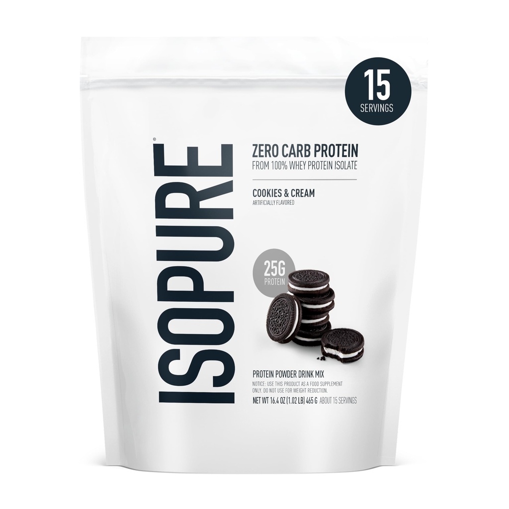 Isopure Zero Carb 100% pur poudre de protéines de lactosérum, sans gluten, avec des vitamines, des cookies et de la crème, 25g de protéines par portion, 1 Lb, 15 portions (paquetage mai Vary)