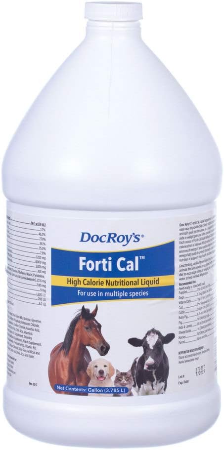 Doc Roy's Forti Cal Liquid, High Calorie Energy Supplement voor honden, katten, paarden, vee, ondersteunt gewichtstoename, herstel, hydratatie, met Omega 3 6 9, vitamines A D3 E C, Made in USA, 1 Gallon