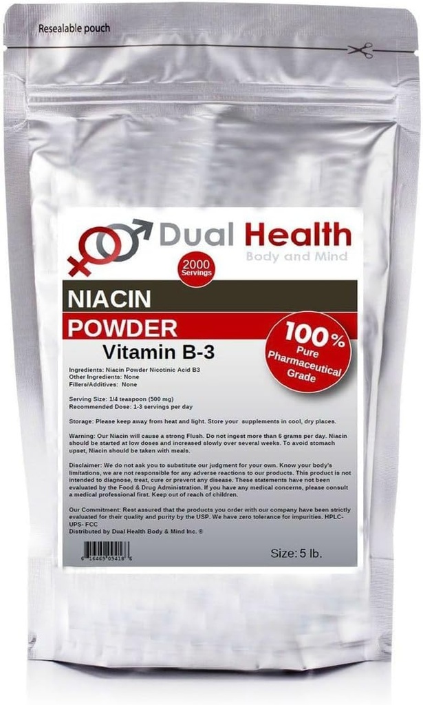 Niacin Poeder (5 lbs) Vitamine B3 Bulk Supplement Direct vrij Niacin met Flush Nicotinezuur Non-GMO, Veganistisch, Glutenvrij Bedrijf Snelle Absorptie Geen GGO's, Fillers, Additieven of zware metalen