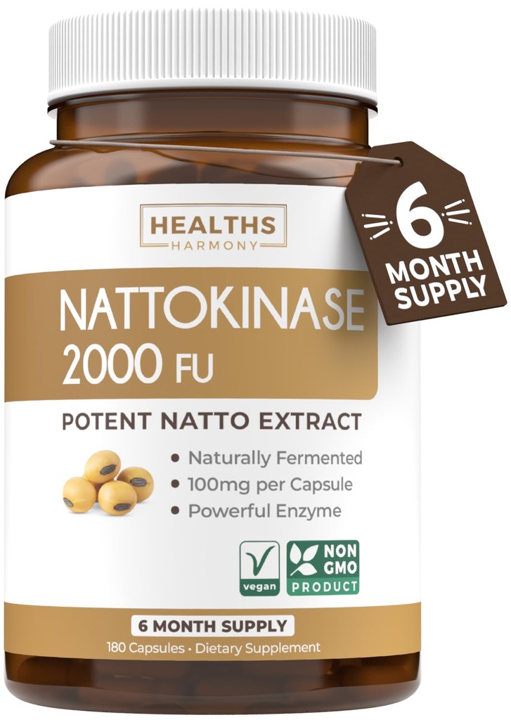 Gezondheiden Harmony Nattokinase 2000 FU (Non-GMO) Krachtige Nattokinase supplement Gemaakt van natuurlijk gefermenteerde soja - (6 maand aanbod) 180 Vegan Natto Capsules