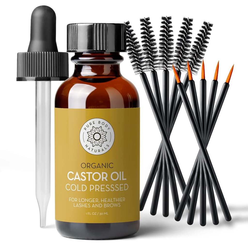 Pure Body Naturals Castor Oil voor wimpers en wenkbrauwen - 1 Fl Oz voedende wenkbrauwen & Lash Growth Serum - Biologische, Hexane Gratis, Koud geperst, Ongeraffineerd - Eyelash en wenkbrauwgroei Serum voor vrouwen