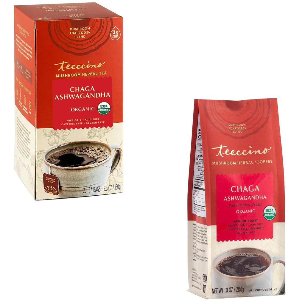 Teeccino Chaga Ashwagandha Tea & Chaga Ashwagandha Koffie Alternatieve gebundelde collectie, Butterscotch Cream, Cafeïnevrij en zuurvrij, Adaptogeen Kruidenpaddestoel Koffie