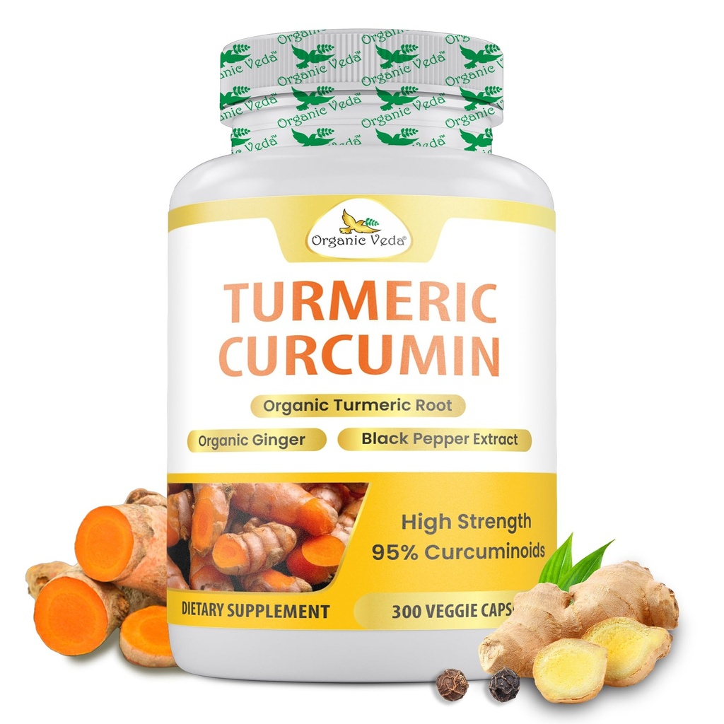 Biologische Veda Kurkuma en Gember Capsules 300 pillen - Biologische Kurkuma Curcumin met zwarte peper voor gezamenlijke ondersteuning - Niet GGO, Glutenvrij, Kurkuma en Gember Supplement (95% curcuminoïden)